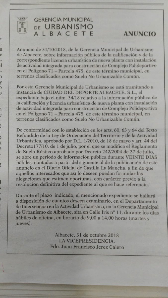 Ya tenemos las publicaciones en el Diario Oficial de Castilla-La Mancha y en La Tribuna de Albacete previas a la calificación urbanística y a la licencia de obra

¡¡Ya queda menos para empezar!!
#Albacete #Ciudaddeldeporte
