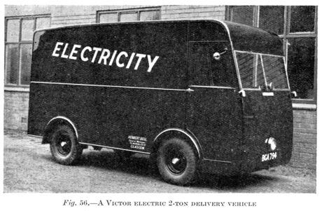 144. Delivery vans for use in towns and urban areas used to be electric - this is a Victor, a popular 1930s UK model that weighed, as the caption notes, two entire tonnes. (as much as a Tesla)