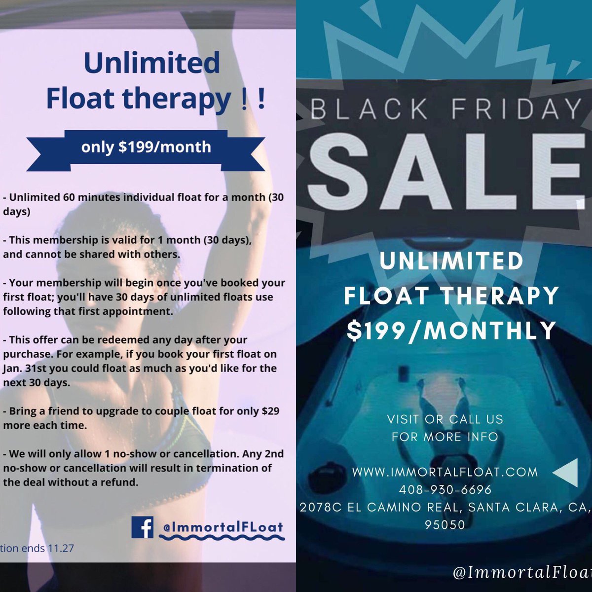 FloatImmortal's tweet image. Black Friday, unlimited float. You can’t miss it!

immortalfloat.com
Address: 2078C El Camino Real, Santa Clara, CA, 95050
Phone: 408-930-6696

#healing #floatstation #campbell #float#mindfulness #energy  #healing#SantaClara #love  #meditation #zen #explore #feel #relax