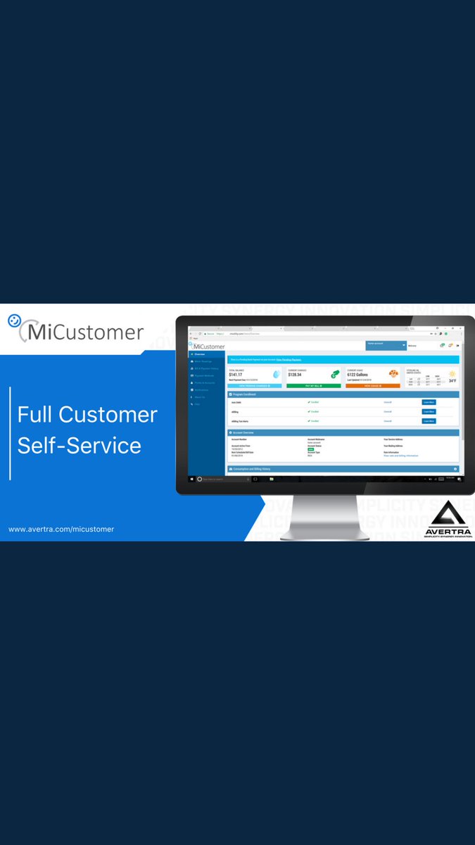 AvertraCorp's tweet photo. MiCustomer is our state of the art customer account management application, that will provide your consumers with full insight into their consumption usage and access their account 24/7 anytime, anywhere, on any device. #MiCustomer #UtilityTechnology https://t.co/HqmIBicgQm