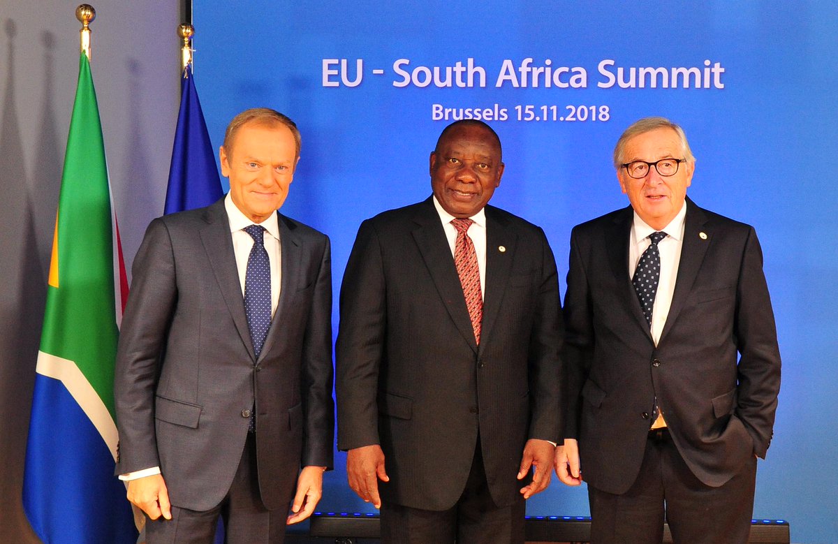 SAgovnews's tweet photo. [Pics of] President @CyrilRamaphosa meeting with the European Council President Donald Tusk and President of the European Commission Jean-Claude Juncker  #EUSASummit #SAinEU https://t.co/Ki8jldmPTR