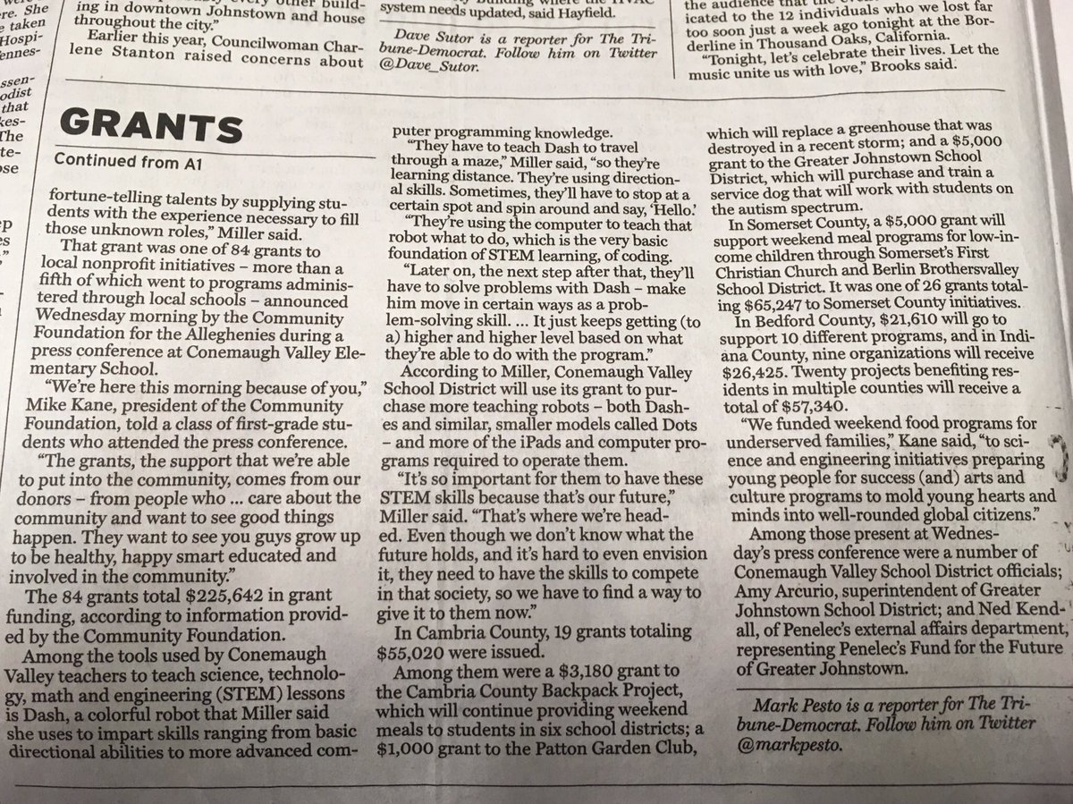 CVES in the Tribune Democrat for STEAM grant offered by the Community Foundation of the Alleghenies.