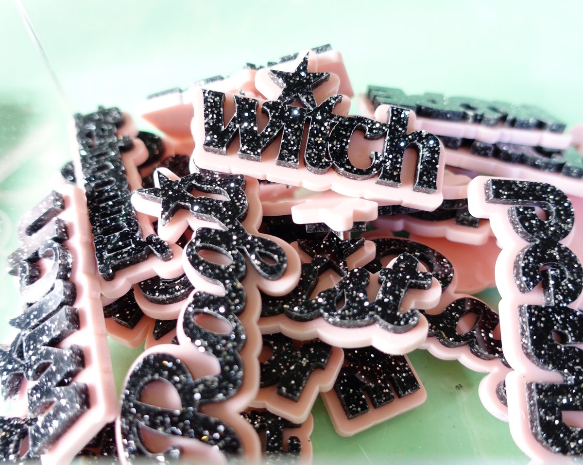 WearAndResist's tweet photo. New black glitter brooches just uploaded on a baby pink background. #glitterwitch #stillraging https://t.co/uwAdBeX2LG