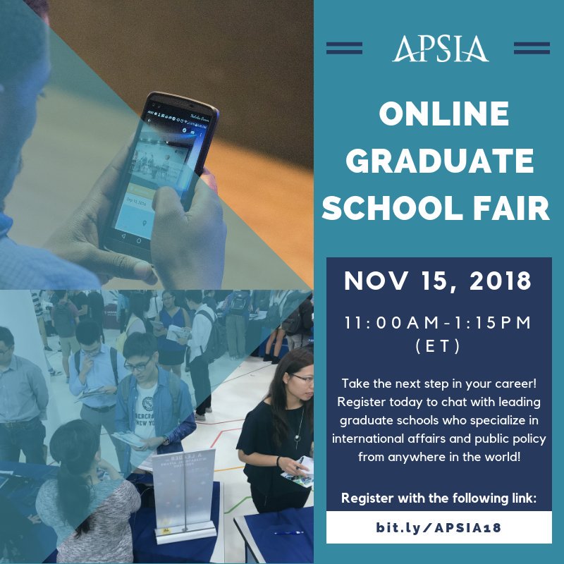 Today's the Day! 

Want to advance your career in diplomacy, #globaldev, #NatSec intl econ, #CVE, #intled, and more? Become a part of the APSIA community! #IEW2018 

Online Grad School Fair starts 11am ET!

bit.ly/APSIA18