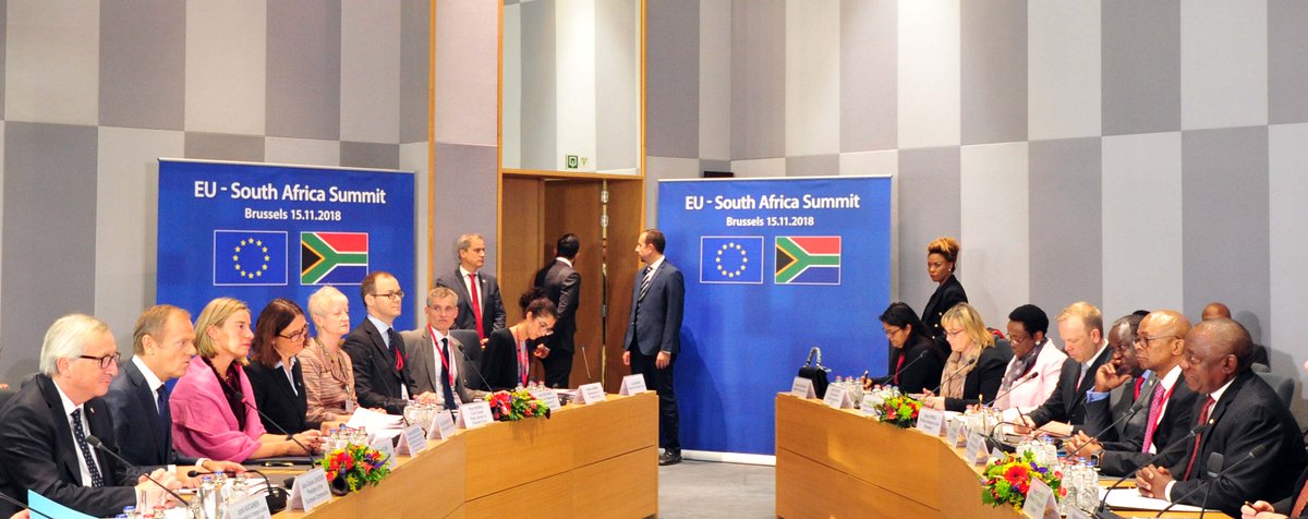 SAgovnews's tweet photo. [Pics of] President @CyrilRamaphosa with the European Council President Donald Tusk and President of the European Commission Jean-Claude Juncker at the European Union-South Africa (EU-SA) Summit Plenary. Brussels, Belgium #EUSASummit #SAinEU https://t.co/MSTbwzZxTl