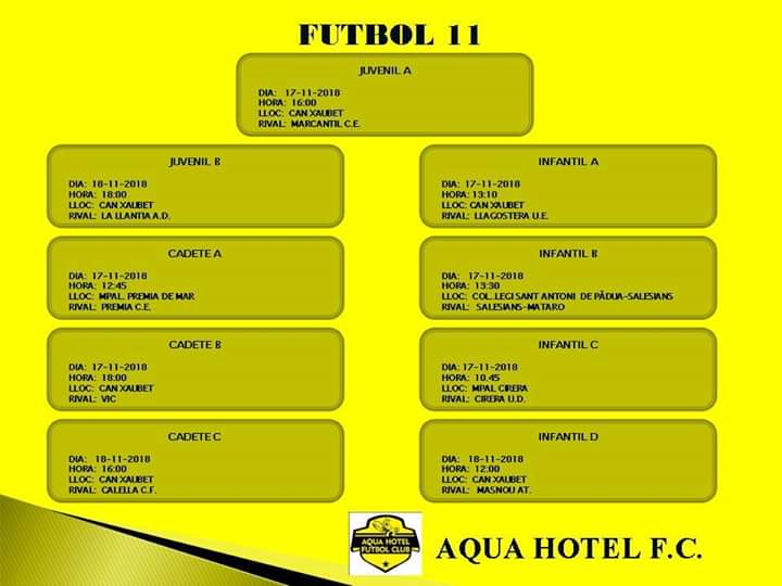 AQUAHOTELFC's tweet photo. 📆⏰ 🔝🔝⚽ Horaris 📋.
Partits Cap de Setmana 17 i 18 Novembre !!!
@AQUAHOTELFC @aquahotel H @pinedademar #CanXaubet #CanfeliudeManola #futbolbase #granprojecte https://t.co/MmaZS2Z14T