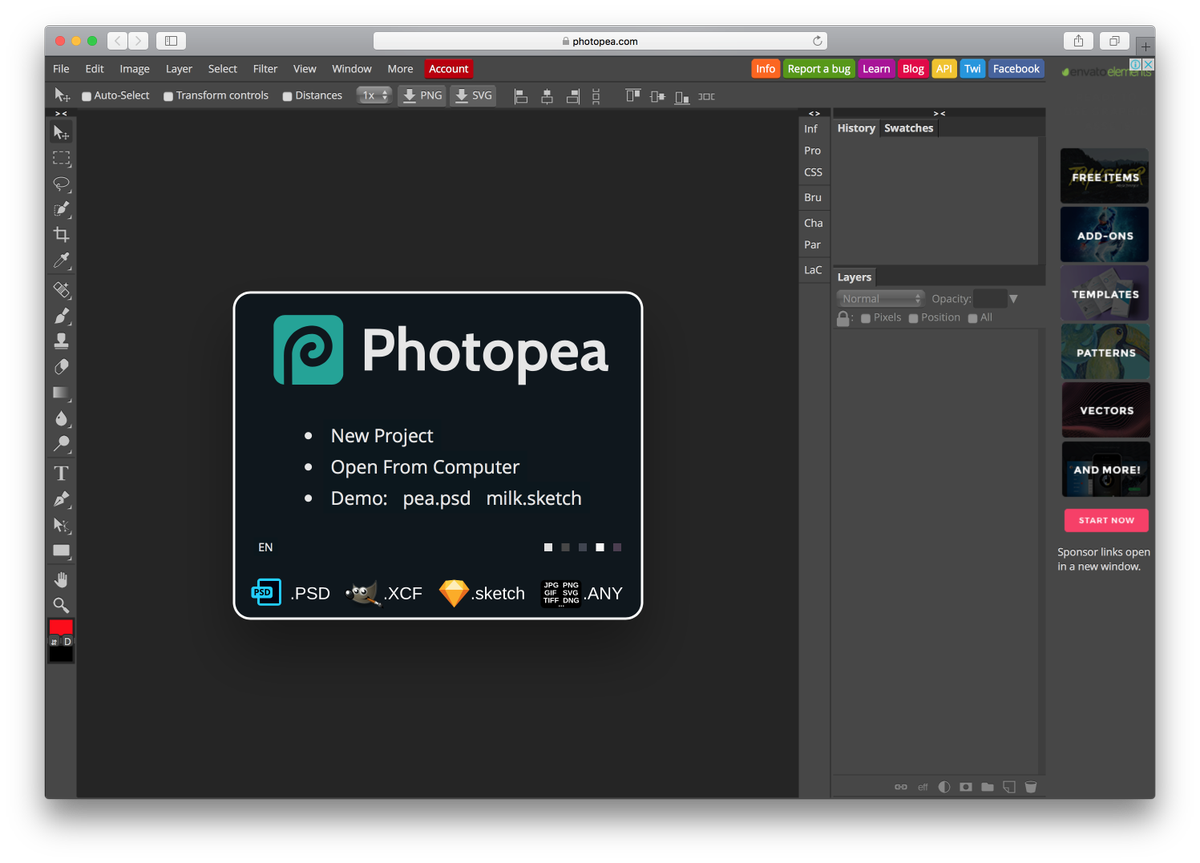 Photopea, один из самых доступных графических редакторов: бесплатный, кроссплатформенный, не требует установки, поддерживает популярные форматы (PSD, Sketch, XCF, CDR и XD) → photopea.com