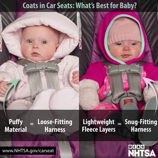 NHTSAgov's tweet photo. Keeping baby warm in the winter is essential. Use layers, instead of puffy material, to ensure your car seat harness has a snug fit. #TheRightSeat https://t.co/PpGXbo0pbh