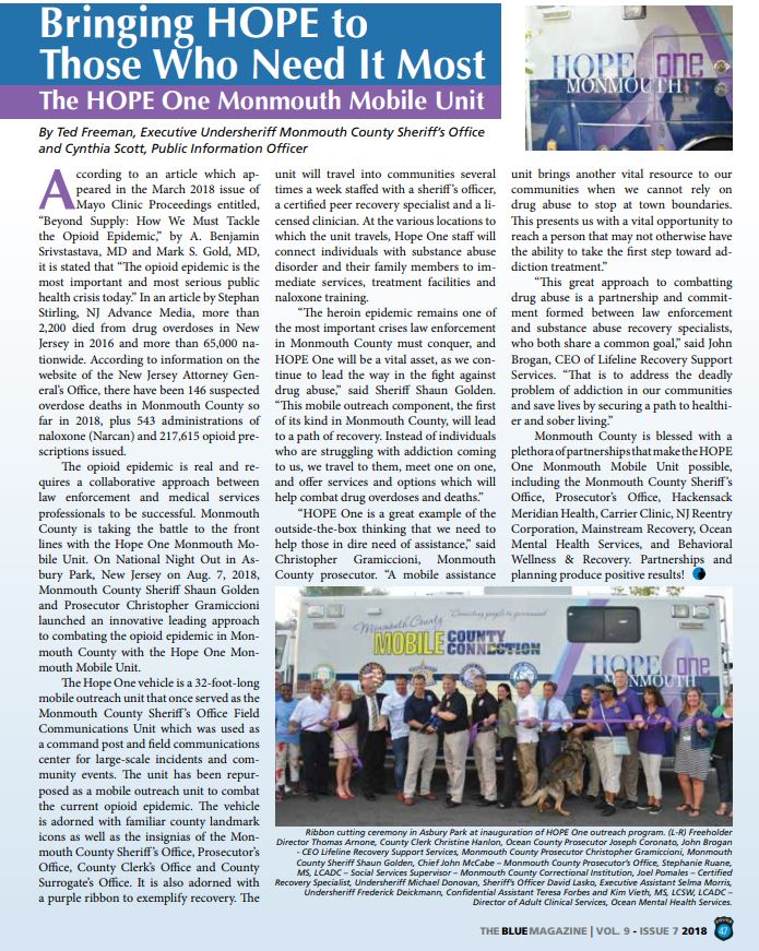 MonmouthSheriff's tweet photo. This recent article in The Blue Magazine is a reminder of how #MCSONJ is bringing HOPE to those who need it most through @sheriffgolden's HOPE One Monmouth Mobile Unit. For a list of where HOPE One will be heading visit https://t.co/rpaoC8pqhC &amp; click on events. @MonCoProsecutor https://t.co/6Gqtin9ESg