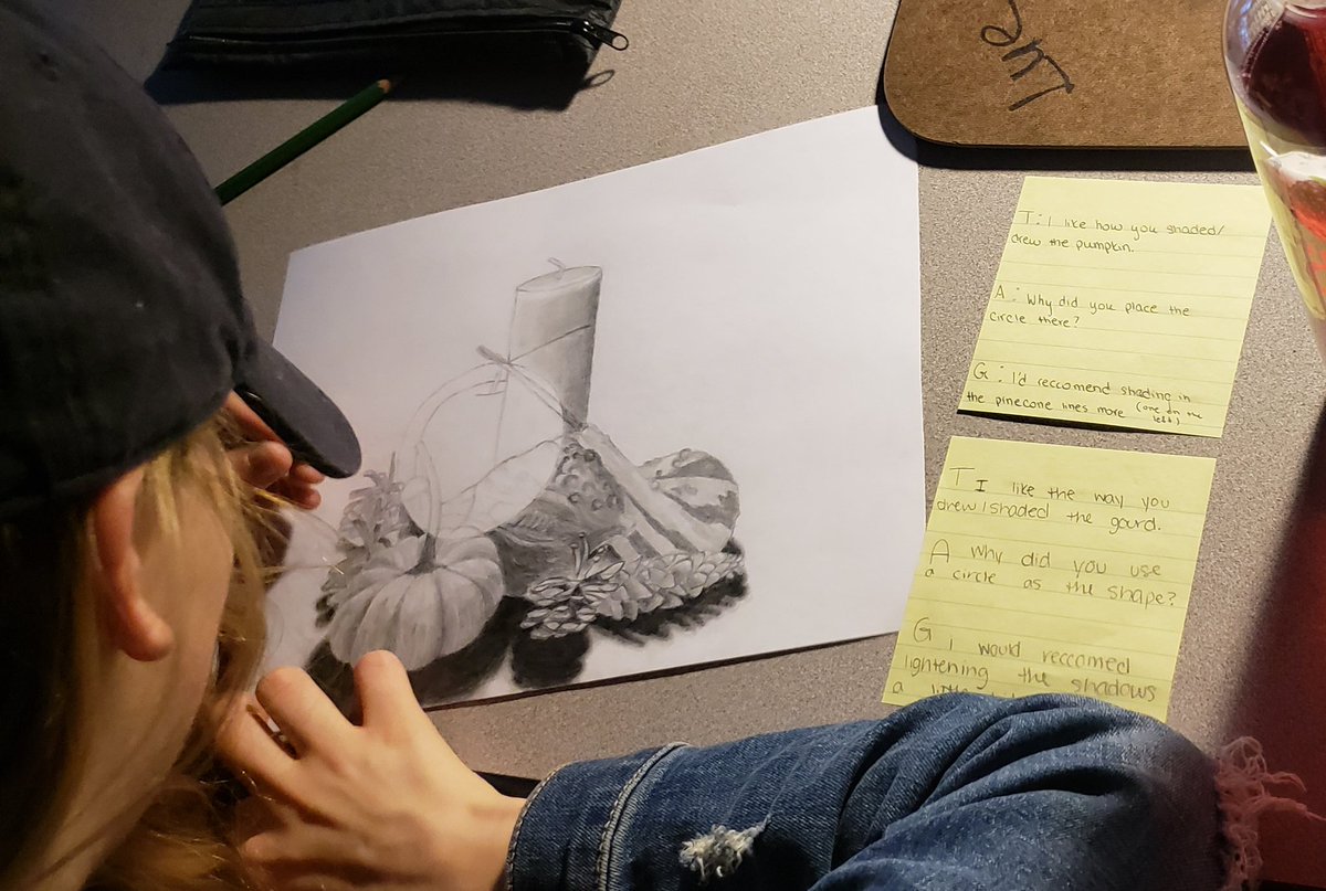 MrsStanleyArt's tweet photo. Peer critique day! Getting some good feedback from our fellow artists to make these still life drawings awesome! Going to finish them off with an emphasized area of color later. #peercritique #tagyoureit #stilllifedrawing #harveststilllife #nccsart #shakerlearner #shakerdrawers https://t.co/IQu90pax3K