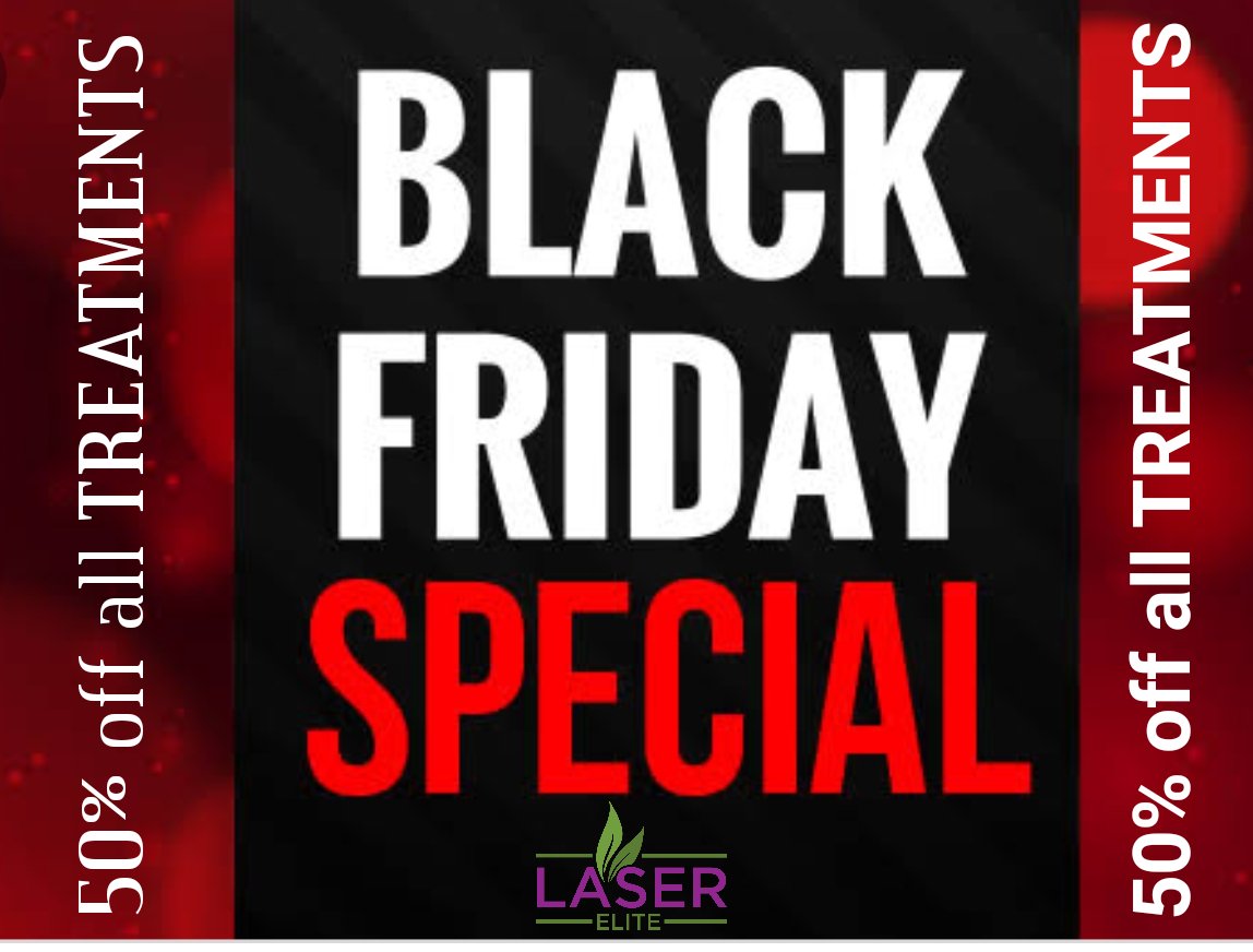 🔥🔥🔥CRAZY Black Friday Special at Laser Elite 
Centurion🔥🔥🔥
Valid from 20th to 23rd November 2018

Book your Treatment now
071 070 2323
1005 Saxby Road, Centurion
#blackfriday #blackfridayspecials #beautytreatments #halfprice #centurion
