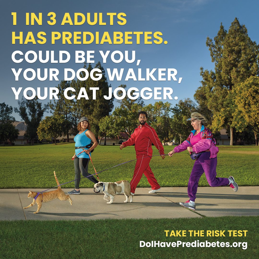 1 in 3 adults has prediabetes. Could be you, your dog walker, your cat jogger. Take the risk test DoIHavePrediabetes.org