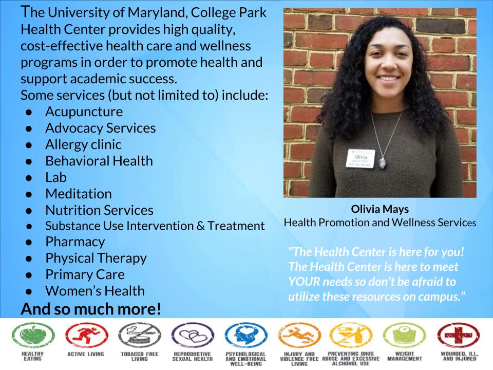 SafeSex4Terps's tweet photo. Meet a friendly face at UMD's Health Center, Olivia! She works in Heath Promotion and Wellness Services, working to inform students of all the great things @UMDHealthServ offers! They will even have free STI testing today from 10:30am - 2pm! First come first serve! https://t.co/WFStksOx9d