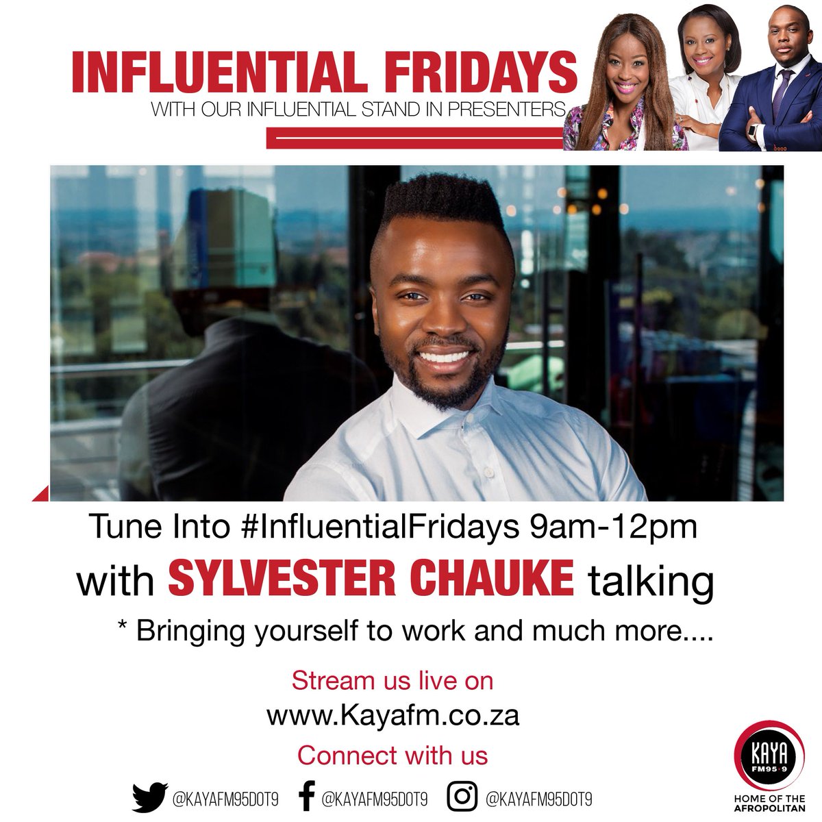 KayaON959's tweet photo. Tune into #InfluentialFridays with our stand in presenter, @DNABrandSA founder and entrepreneur @sylvesterchauke, from 9AM - 12PM. #KayaLineUp #InfluentialFriday #FridayFeeling https://t.co/W0rfycBrRa https://t.co/wqMzk6NCGA