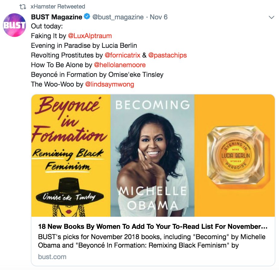 It's the middle of November, so a Woke Smut Merchants thread seems in order.These people - like the hard left in general - have inverted morality. PornIsGood, masturbation is good (makes you more docile, domesticated). Oh yeah, also muh feminism and orange man bad.