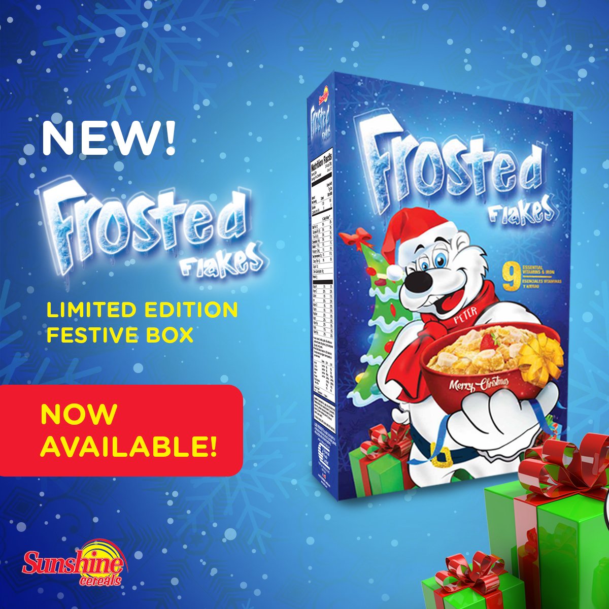 SunshineCereals's tweet photo. Our new Limited Edition Festive Frosted Flakes Box is NOW AVAILABLE! #SunshineCereals #HappyHolidays https://t.co/DGPROBfKbj
