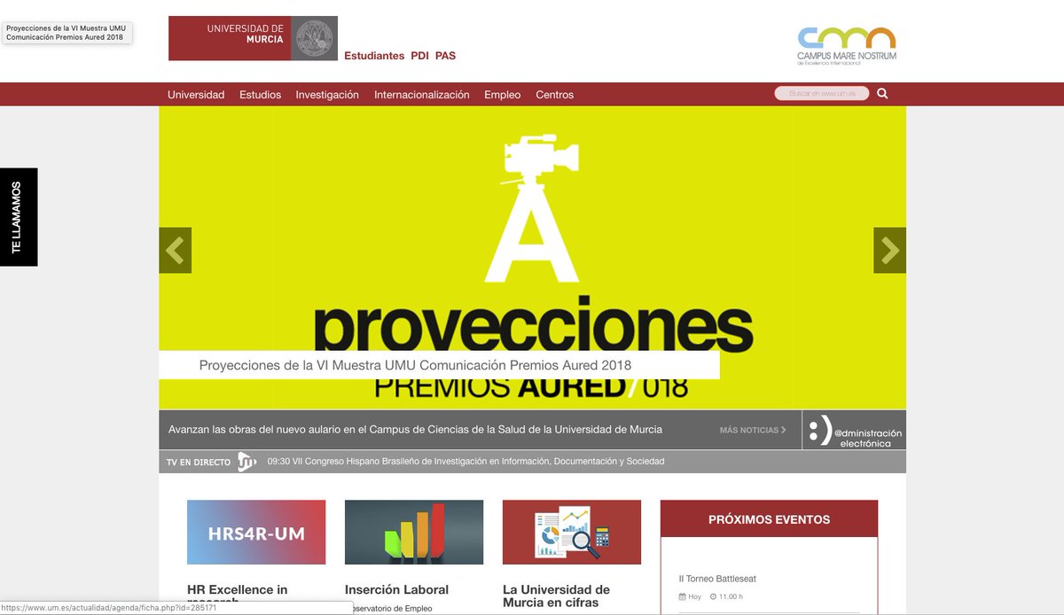 auredcine's tweet photo. Hoy somos portada en la web de la @UMU porque esta tarde concluye la Muestra, en una sesión guiada por el profesor Manuel Nicolás en la que se podrán ver los audiovisuales seleccionados para los Premios #Aured2018 #Ficción, #Videoclip y #ReportajePeriodístico @fcdmurcia https://t.co/DDn3776rTp