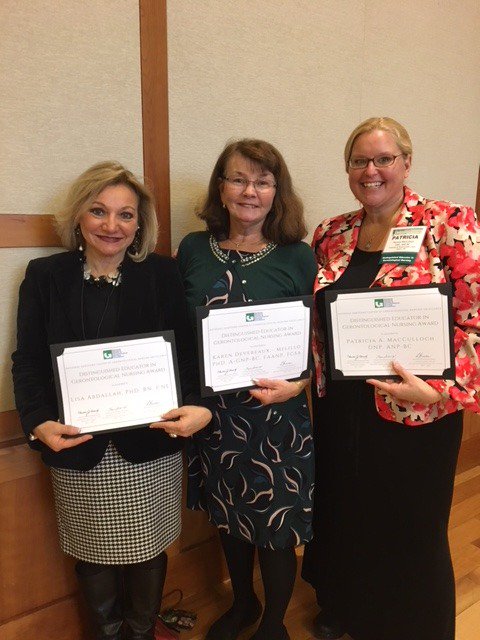 Dr. Lisa Abdallah, Dr. Patricia MacCulloch and Dr. Karen Devereaux Melillo recognized in national Leadership Conference by NHCGNE with the inaugural Distinguished Educator in Gerontological Nursing award!