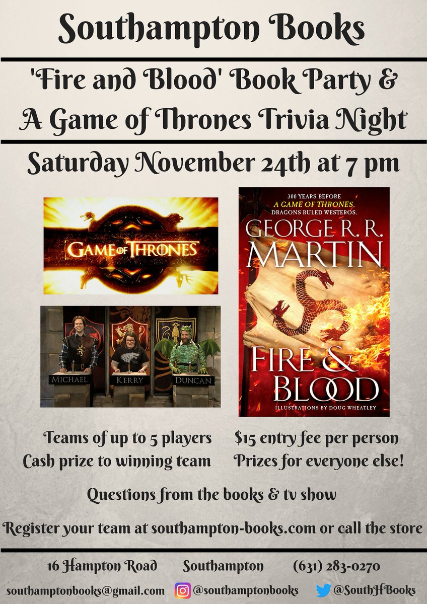 southsagbooks's tweet photo. Our #AGameofThrones Trivia Night is next Saturday! Here is a preview question:
"Apart from Melisandre, who is the only other POV character born in Essos?"
#ASOIAF #ASOIAFTrivia #GameofThronesTrivia #GRRM @GRRMspeaking @bklynreader @Valkyrist @apoiaf @vokpodcast @IceAndFireCon https://t.co/eqfMVKOIP5
