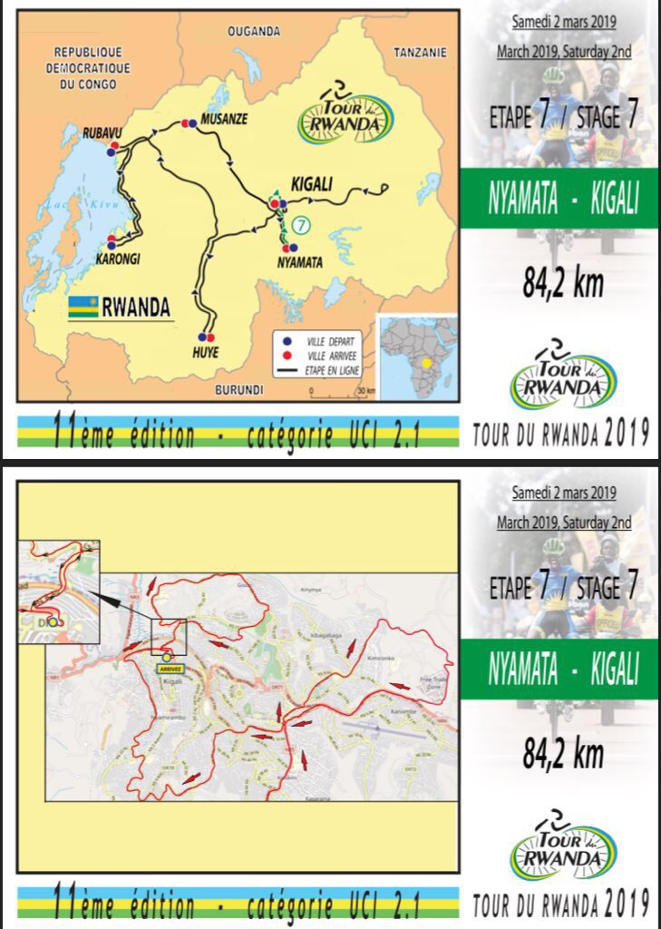 tour_du_Rwanda's tweet photo. Stage 7️⃣:March 2,2019.Nyamata ➡️Kigali 📏84.2km
Not for the faint-hearted.Starting in Nyamata,the penultimate stage includes a 60-km circuit around Kigali and shot but sharp climbs which will hurt tired legs of the riders in the last 40 kilometres #TdRwanda https://t.co/L6E6WHacuV
