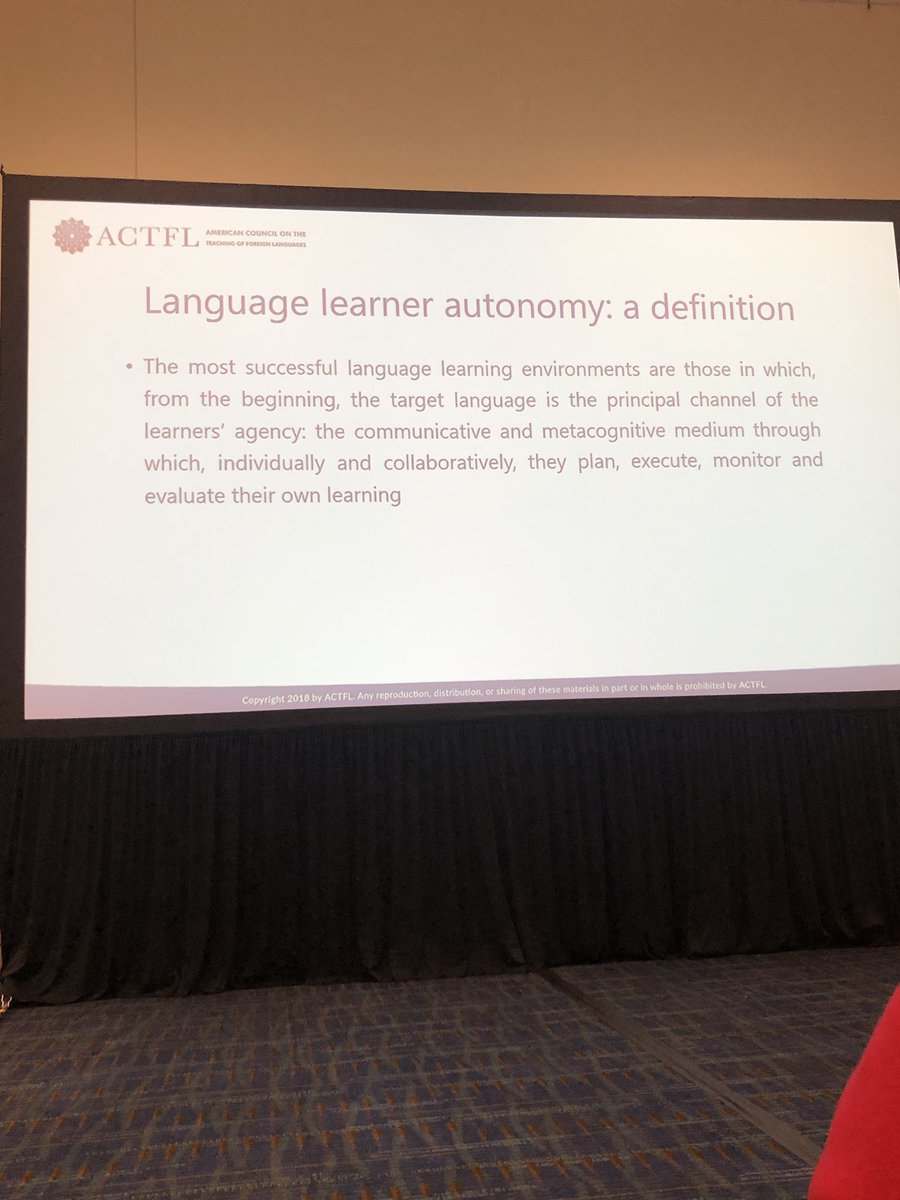 kswla's tweet photo. “Provide environments where the target language is the principal channel of the learners’ agency.”  -David Little #actflaod #ACTFL18 #kswla https://t.co/owCPkSxpGR