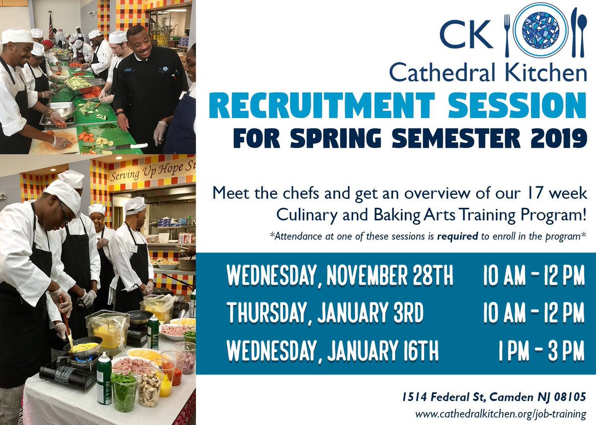 Cathedral Kitchen is holding Recruitment Sessions for our Spring 2019 Culinary and Baking Arts Training Program!
 
For more information and online application: cathedralkitchen.org/job-training/
Find our Recruitment Session flyer here: bit.ly/CKRecruitment