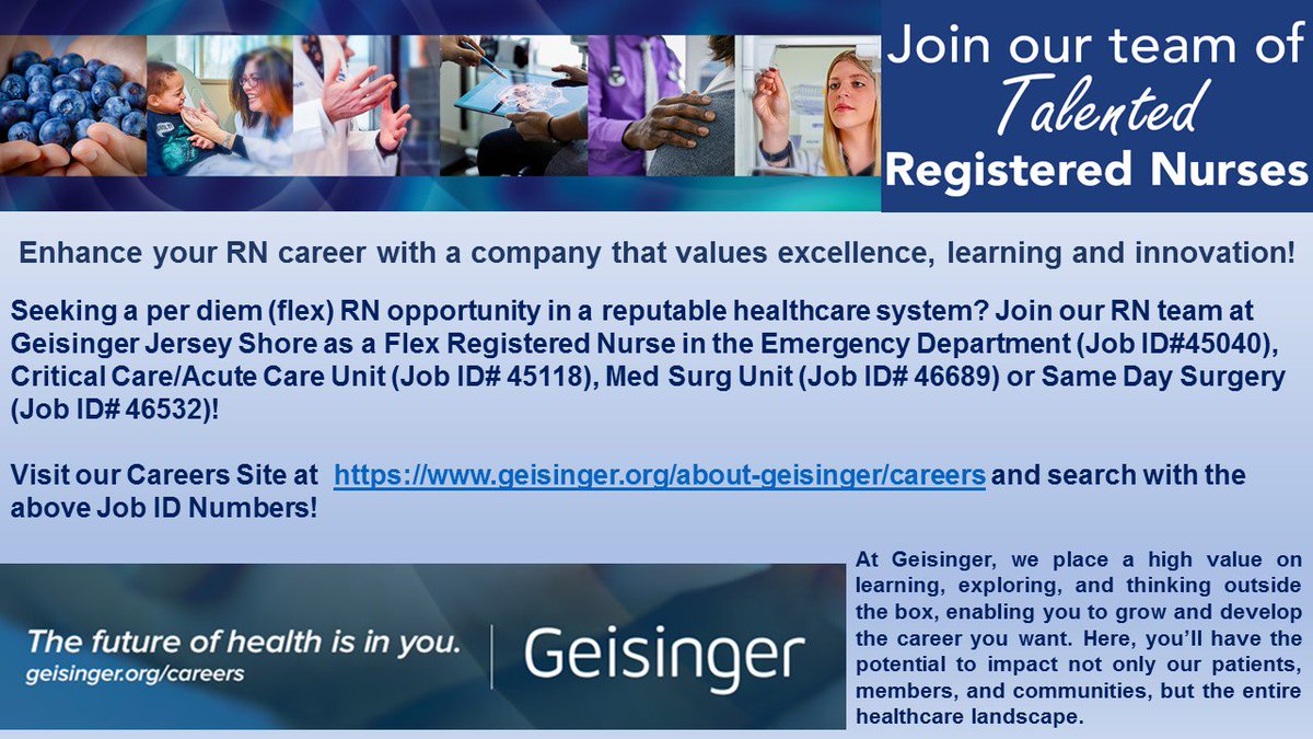 GeyerBrandi's tweet photo. The future of health is in you! Join the Flex RN Team at Geisinger Jersey Shore Hospital...Apply Today: https://t.co/u70NkSwcgS #careerswithlastingimpact #flexrn #Geisinger #geisingerjerseyshore #prn #flex #Nursing #Careers #Job #RNJob #futureisyou https://t.co/sn4fWkdjyA