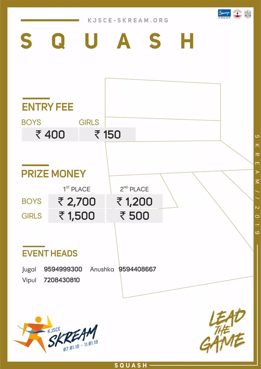 kjsceskream's tweet photo. Unleash the beast inside you in the fast-paced, action-packed game that squash is. Hit back hard on the rubber-ball and pave your way to success. We invite all enthusiasts to participate in the squash tournament at Skream 2019. Hope to see you there!
#KJSCESkream #Skream2019 https://t.co/QEHxRSU78T