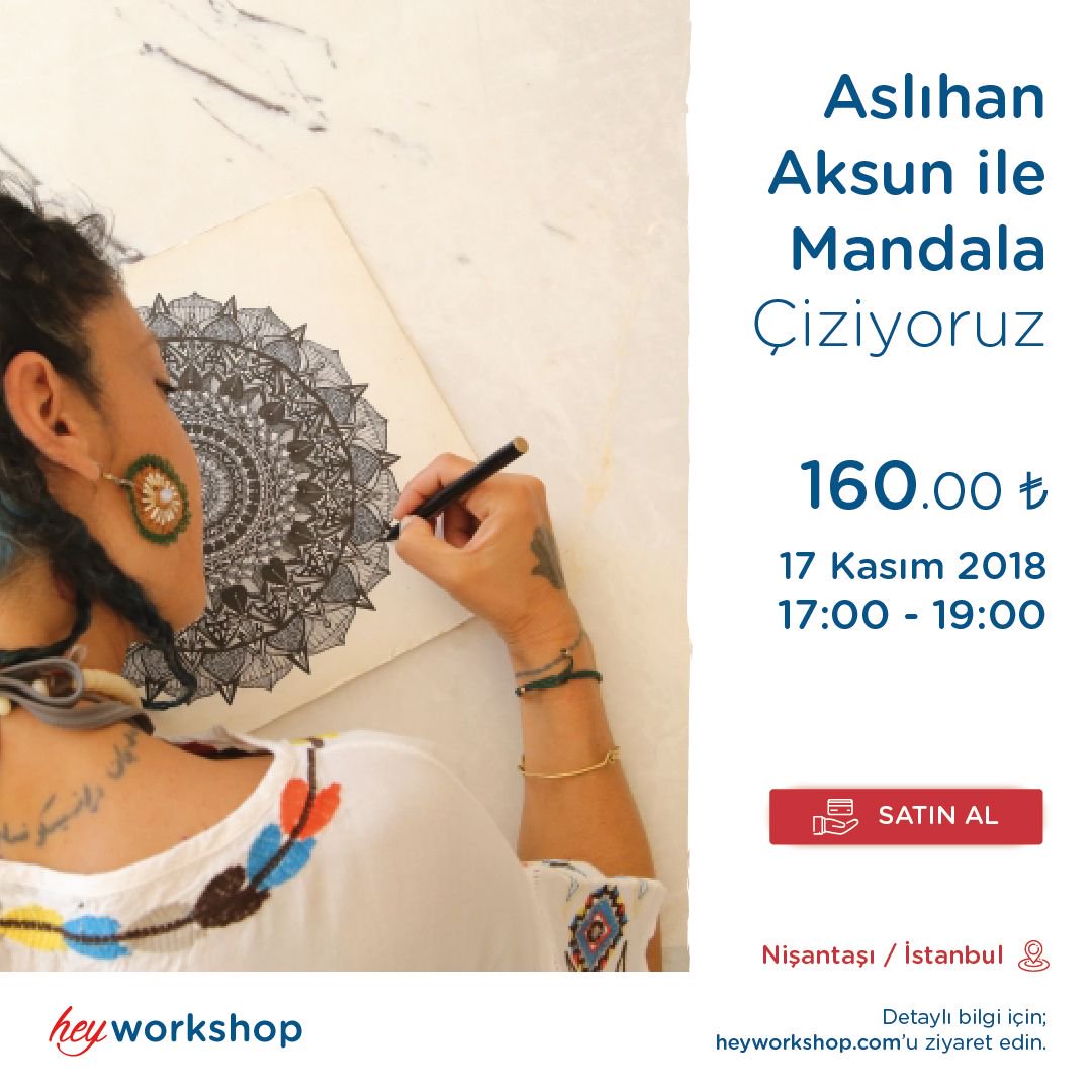 heyworkshop_com's tweet photo. Aslıhan Aksun ile
Mandala Çiziyoruz
🗓 17 Kasım ⏱Saat:17:00-19:00
📍Nişantaşı/ İstanbul
160,00TL
Şimdi Bilet Alın!
#Mandala #Workshop #HeyWorkshop #EğlenÖğrenÖğret #ÜçüncüGözFarkındalıkOkulu #Atölye #Çizim #Resim #Nişantaşı https://t.co/o33Znx20mq