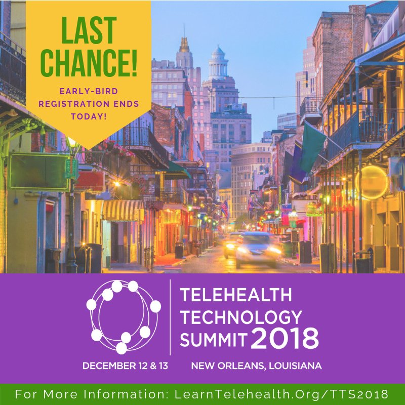 LearnTelehealth's tweet photo. Don't miss your chance to take advantage of the Telehealth Technology Summit early-bird registration rate! Today is the last day to purchase your ticket under this rate. @TheNCTRC @SETRCUS @HeartlandTRC @TexLaTelehealth #TTS2018 #TelehealthTechnologySummit2018 https://t.co/GjepBzMk6e