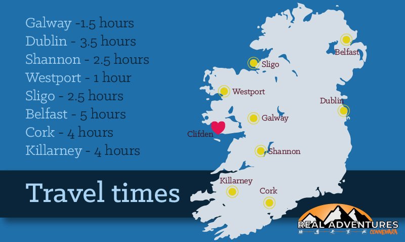 Map Of Ireland With Travel Times Real Adventures On Twitter: "Ireland Looks Small, But It Might Take You  Longer Than You Think To Get Here! Here's Some Travel Times From Popular  Spots, To Us Here In Clifden #Wildatlanticway #