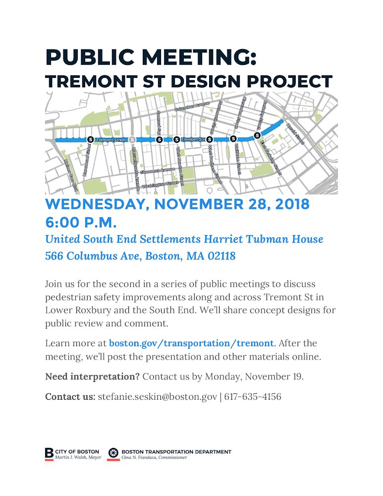 BostonBTD's tweet photo. Join us for our second in a series of public meetings to discuss pedestrian safety improvements along and across Tremont St: Wednesday Nov 28, 6 pm, Harriet Tubman House, 566 Columbus Ave https://t.co/TdPkzqK7tz