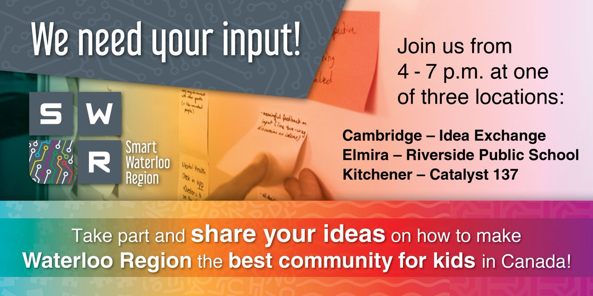 SmartWatRegion's tweet photo. Help our community win $50 million to become the #bestcommunity4kids! Come have your say &amp; learn more on November 20. Visit: https://t.co/3QUneTBD9A #SmartWR #smartcitiesCanada @INFC_eng @RegionWaterloo https://t.co/oo63KE6psA