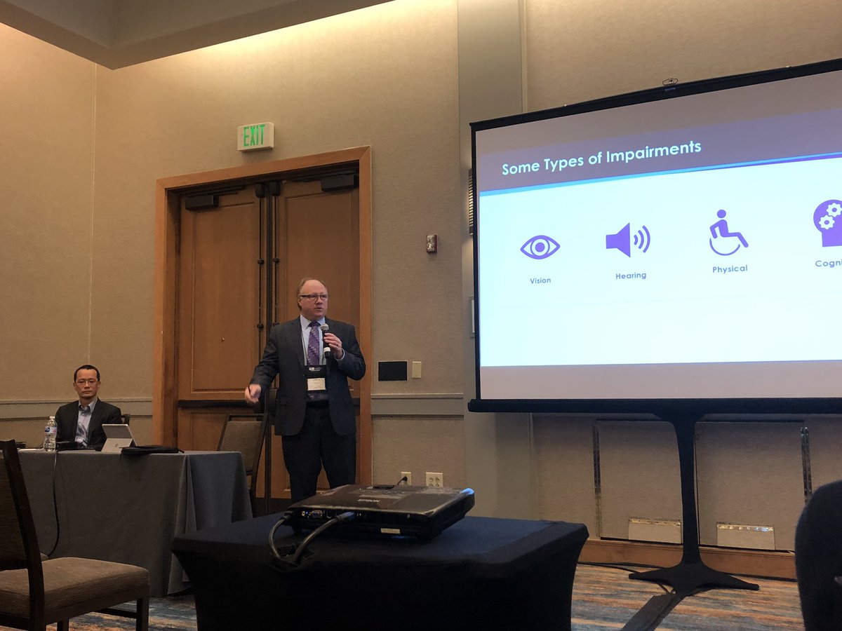 CompliSheriff's tweet photo. Jeff Singleton highlights different types of disabilities and related assistive technologies.  #AHG18 #disabilities #accessibility https://t.co/1aTnIjigZp