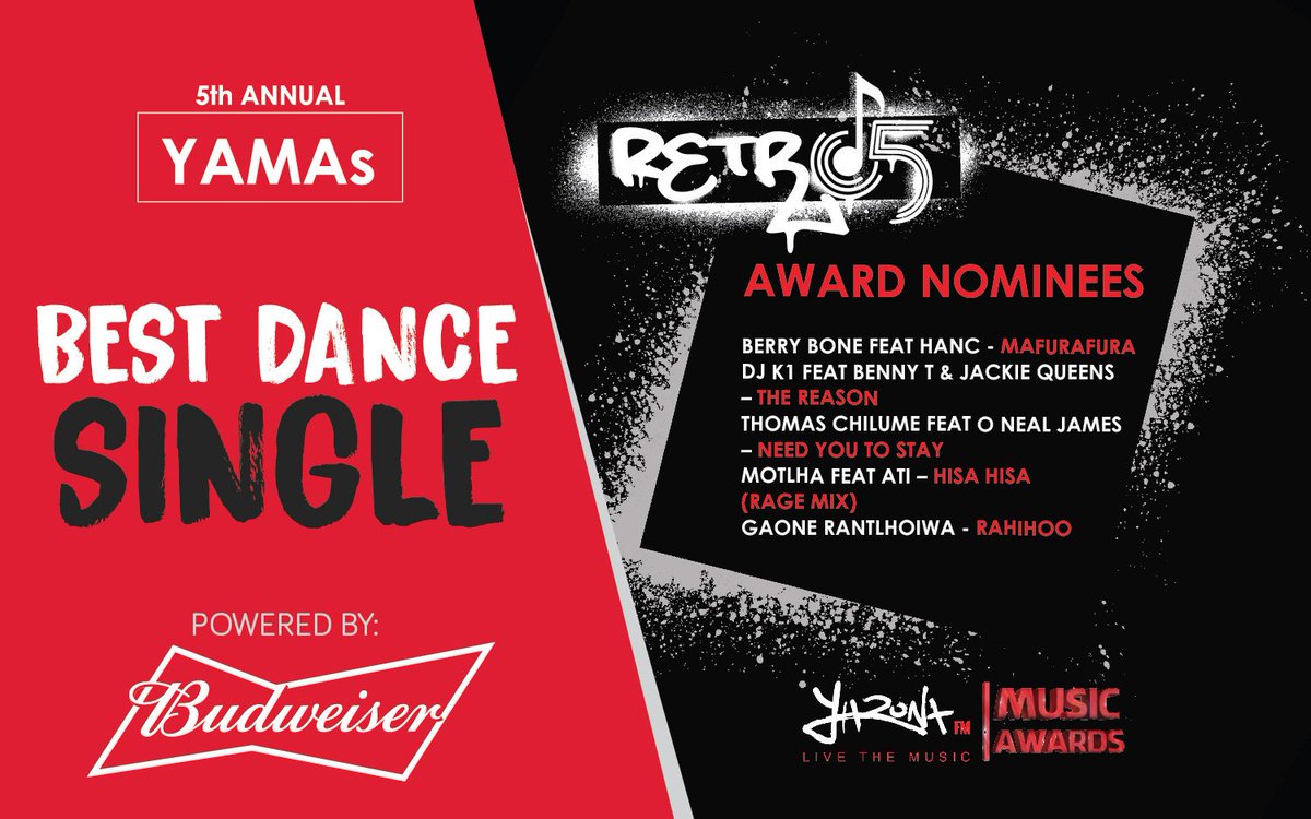 yaronafm's tweet photo. #YAMAs BEST DANCE SINGLE
YAMAS18
#BerryBone FT @hancofficial1 - MAFURA FURA
YAMAS19
@K1Koketso FT @DJ_BENNY_T & @JackieQueensSA - THE REASON
YAMAS20
@chilumethomas21 FT #ONealJames - NEED YOU TO STAY
#YAMAs #Retro5 https://t.co/G1iSHCDpb5