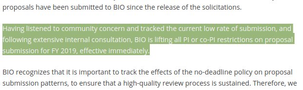 szintri's tweet photo. The new caps on collaboration in NSF Bio proposals have been lifted effective immediately for FY19. Thank you so much @NSF_BIO! h/t @niederhuth https://t.co/Nl12LODTgC https://t.co/QmBwL8Tg3c