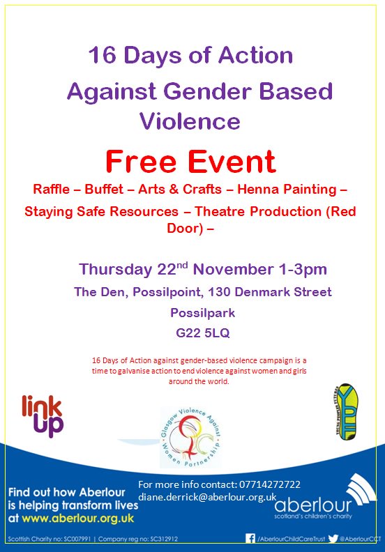 CLDGlasgowClyde's tweet photo. FREE event taking place at The Den, Possilpoint for #16daysofAction with @AberlourCCT
Join them on 22 November from 1-3pm for food, henna painting, and staying safe resources (plus lots more!)
#Possilpoint
#16days
#EndViolence https://t.co/zGVH7OopUC