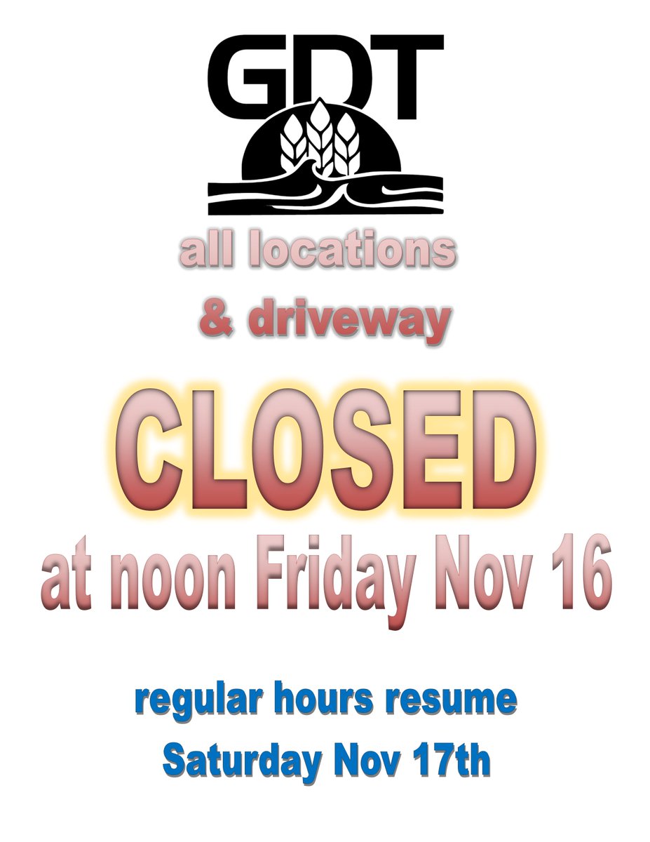 GDTerminal's tweet image. GDT - all locations &amp;amp; driveway - will be CLOSED at noon Friday Nov 16, 2018
Regular hours resume Saturday Nov 17th @GDTerminal #GDTBroderick #GDTStrongfield #GDTTullis