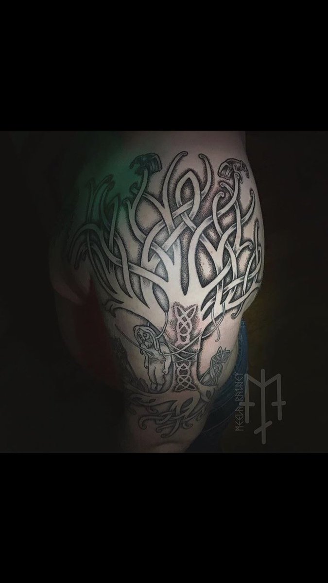 @meelarainey_tattoo The sacrifice of Odin. @divinecanvastat www.divine_canvas.com #nordictattoo #blacktattoo #norse #nordictattoos #odin #vikingwarrior #tattooed #nordic #tattooartist #muninn #armtattoo #hugin #viking #yggdrasil #ravens #vikingtattoo #warriors #pagan #vikings