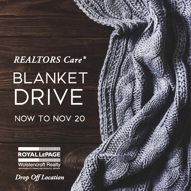 RLPWolstencroft's tweet photo. [24th ANNUAL REALTORS CARE® BLANKET DRIVE] • Proud to be a drop-off location from now through the 20th. Drop off donation items at the Royal LePage Wolstencroft Office between November 13th - 20th. The donations will be distributed to partner charities in our community. https://t.co/275QEjxmBI