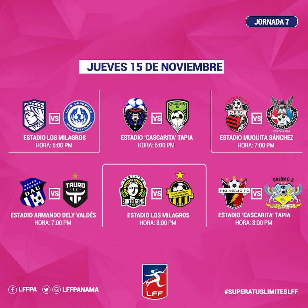 lffpanama's tweet photo. Continuamos hoy con la séptima jornada del Apertura 2018 con estos seis partidos. Te esperamos en la cancha, entrada gratis. #SuperaTusLímitesLFF https://t.co/7m1i1rITtc