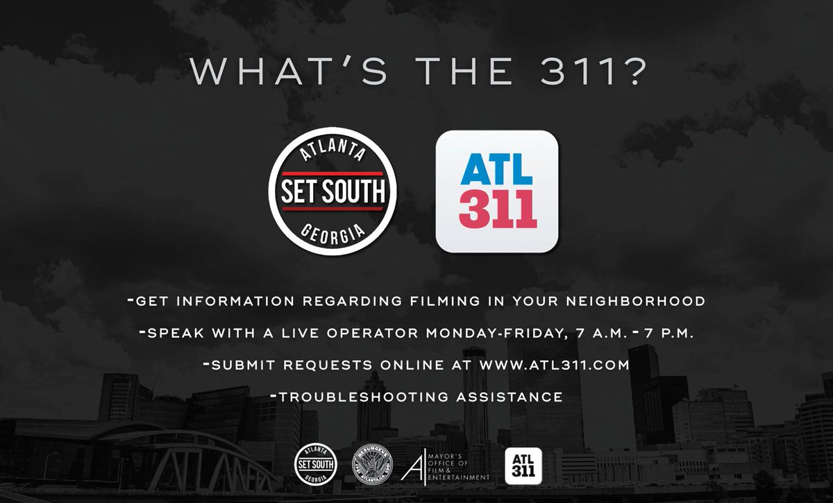 ATL311's tweet photo. The wait is over! As of today, we are pleased to announce that we are officially taking calls for @ATLFilmEnt! From 7am-7pm, you can speak with a 311 operator about the filming process or you can get more information at https://t.co/D8thtXmKwb. #SetSouth #ATL311 π½οΈ https://t.co/DOEMWmA6I0
