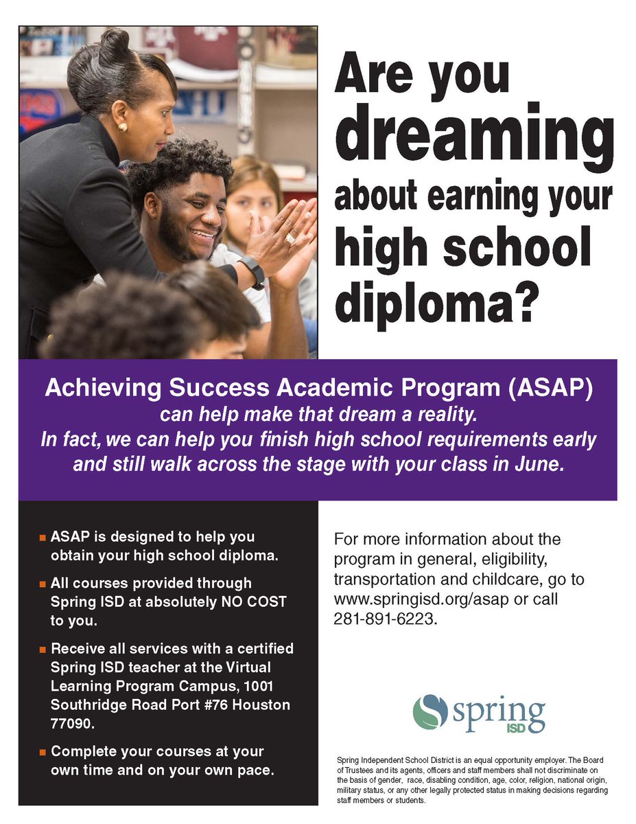SpringISD's tweet image. .@SpringISD ASAP Academy can help you reach your education goals. All courses are provided through Spring ISD at NO COST! For more information about the program, visit springisd.org/asap   or call 281-891-6223. #LIFTEveryChild
