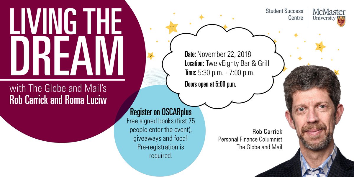 MacsMoneyCentre's tweet photo. Check out our feature event "Living the Dream" with The @globeandmail @rcarrick and @RomaLuciw taking place in TwelvEighty Bar &amp; Grill on Thursday November 22, 2018! Register on OSCARplus! 

#FLM2018 #mactalksmoney https://t.co/Mlrti6DaTe