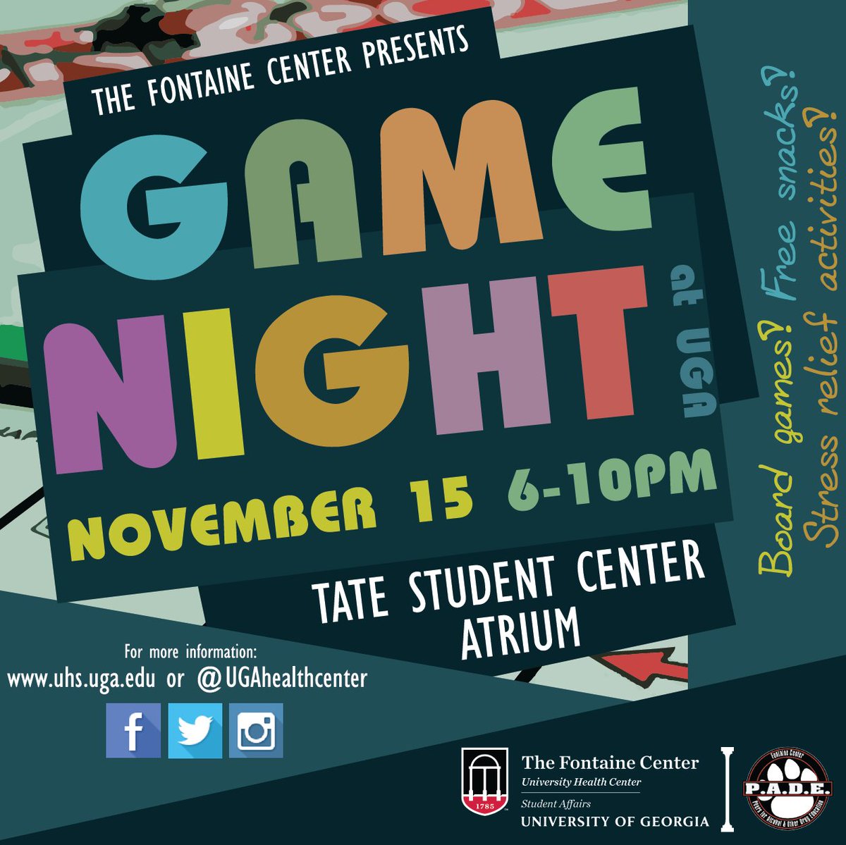 UGAHealthCenter's tweet photo. π§It's never too rainy or too cold for BOARD GAMES!
Head over to @TateCenter TONIGHT from 6-10pm - free snacks, fun games, and a little bit of stress relief! #UGA #PADEatUGA #BeWellUGA https://t.co/hhvfdvYphZ