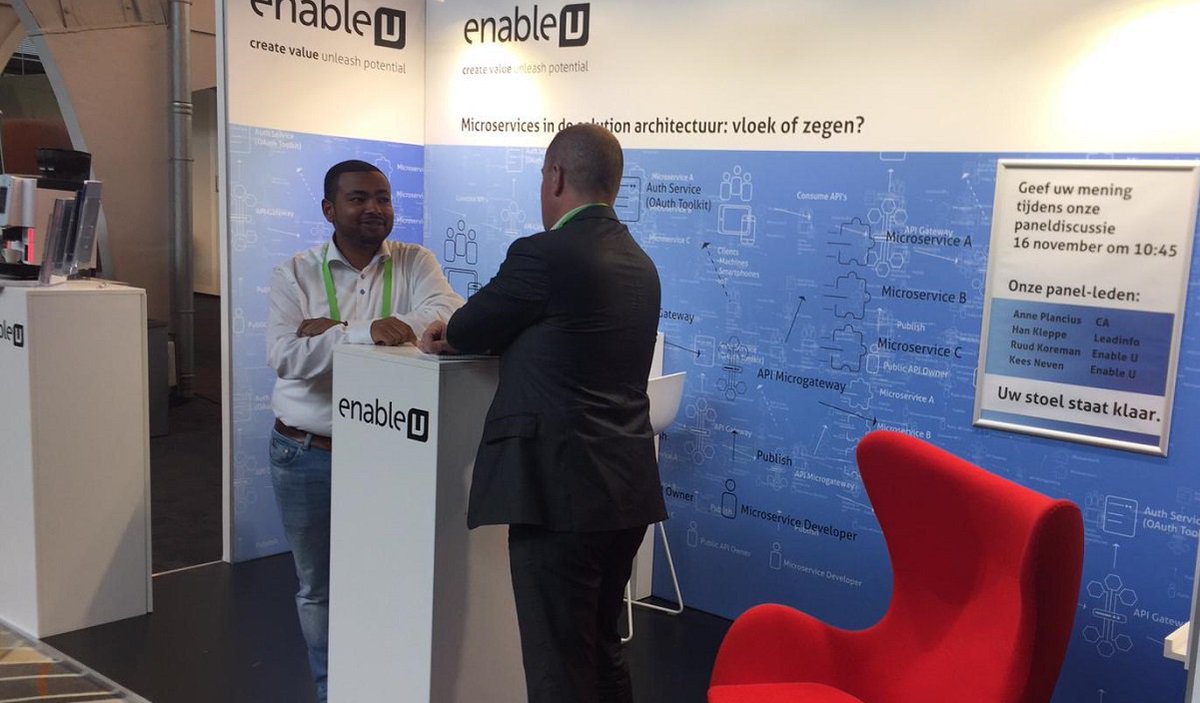 Enable_U_NL's tweet photo. @NL_LAC Dag 1 van het Landelijk Architectuur Congres #LACnl is bijna tot een einde gekomen. Op dag 2 zal Enable U verder gaan met gesprekken over de #SolutionArchitectuur op onze stand en tijdens de paneldiscussie over #Microservices. U bent van harte welkom om 10:45. #Lac2018 https://t.co/lkI9ABDvKw