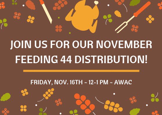 Feeding44's tweet photo. The November distribution that was rescheduled will be held TOMORROW! Join us from 12-1 PM in the AWAC at @PeruState! 🦃 See you there! 👋🏼 https://t.co/P0jqJ7bw2t