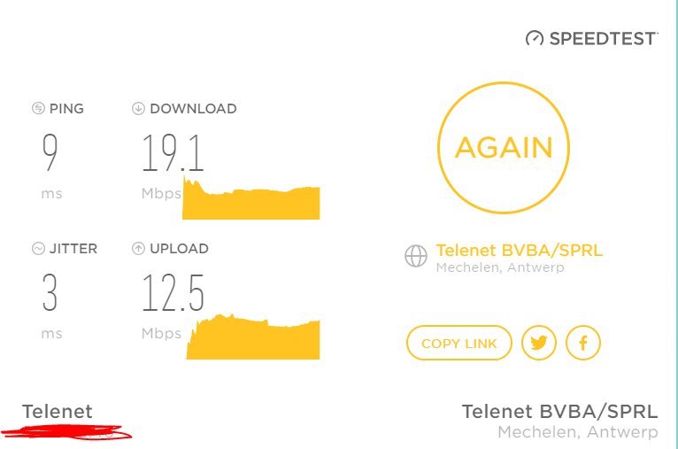 Glenn_ve's tweet photo. @Telenet Dat hebben we al eens geprobeerd, en ik verstuur de tweets ook via die modem, maar het blijft enorm traag, zie hierna speedstest van zonet https://t.co/dG5UU62PM7