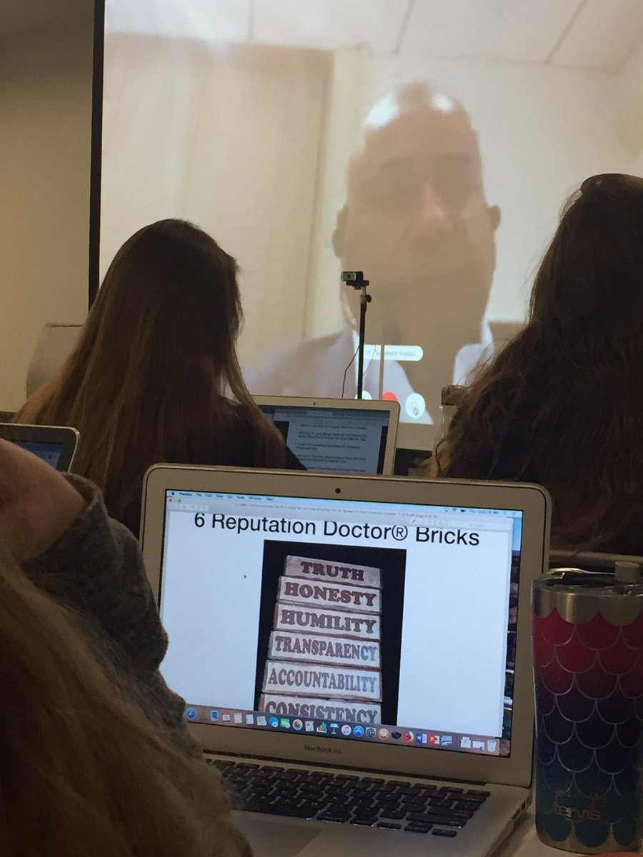 eloncomm's tweet photo. We are thrilled to have Mike Paul (@reputationdr) Skyping with our #stratcomm students today. The #ReputationManagement expert is speaking with #ElonComm prof Denise Hillβs PR and Civic Responsibility classes. #ExpertsInTheClassroom https://t.co/x7ououhNNW