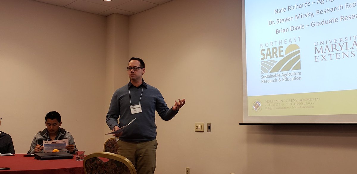 Nate Richards telling about a project done on 6 sites to determine nitrogen management with cereal rye terminated at tillering,  stem elongation,  boot and anthesis for #healthysoils at #2018NECCC